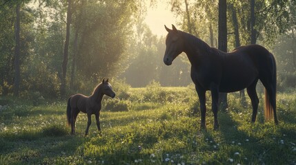 Morning Serenity: Mare and Foal in a Sunlit Forest