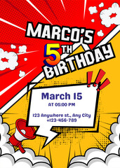 Comic Birthday party invitation template vector illustration. Birthday boy invitation card design. © blossom17