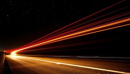 Light trails streak across a dark road under a starry sky