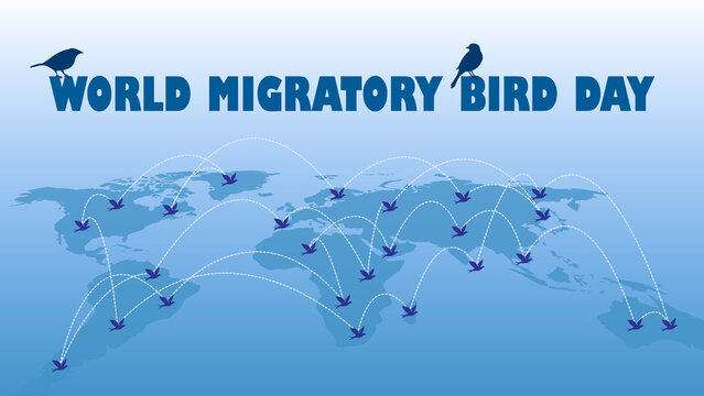 World Migratory Bird Day vector illustration. A world map with silhouetted birds connected by dashed lines, symbolizing the global migration of birds.