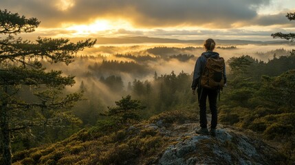 Fototapeta premium Woman hiker sunset mountaintop fog vista
