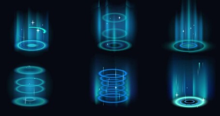Realistic teleportation portal set. Moving Futuristic Holograms with Glowing Energy Circles of Teleport. Level up effect with Magic blue aura. Neon realistic animated graphics - Powered by Adobe