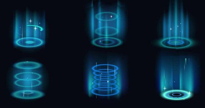 Realistic teleportation portal set. Moving Futuristic Holograms with Glowing Energy Circles of Teleport. Level up effect with Magic blue aura. Neon realistic animated graphics