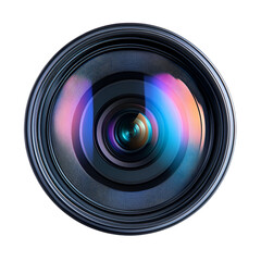 Closeup of a camera lens showcasing its intricate design and optical elements