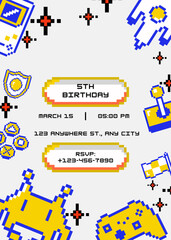 Games Birthday party invitation template vector illustration. Birthday boy invitation card design.