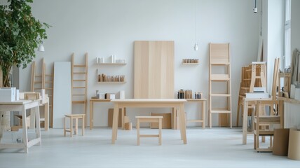 Minimalist wooden furniture in bright room with modern design, perfect for home decor and interior inspiration.