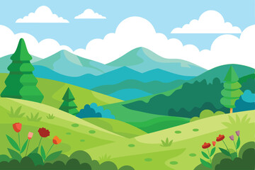 Obraz premium Cartoon Spring Landscape with Blooming Flowers, Green Hills, Trees & Blue Sky Clouds