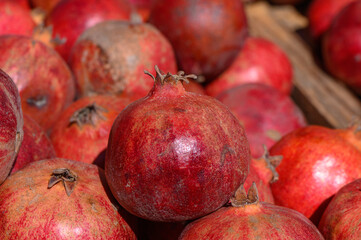 Vibrant display of ripe pomegranates basking in sunlight at a lively local market in autumn season