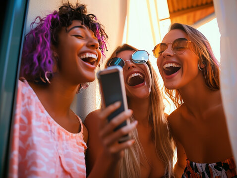 friends laughing while video-calling someone, bright and cheerful atmosphere