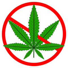 A flat illustrative design of marijuana prohibition sign isolated on white background. Red banned symbol of green cannabis leaves.