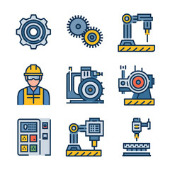 2d vector illustration colorful machine , worker and Industry and its development technology, factories and production lines icon
