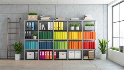 Colorful bookshelf, organized library, vibrant book spines