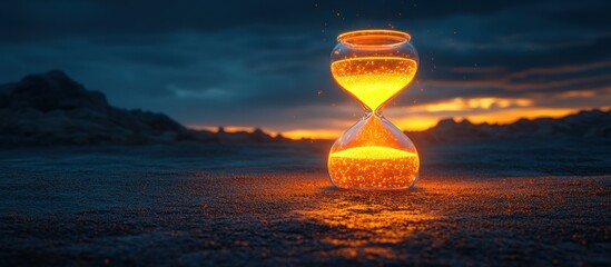 Glowing hourglass at sunset in barren landscape