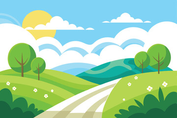Fototapeta premium Cartoon Summer Landscape with Green Hills, Path, Trees, Blue Sky and Bright Yellow Sun