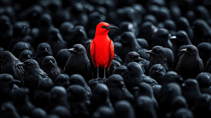 Obraz premium Red Bird Among Black Crows: A Stunning Visual Metaphor