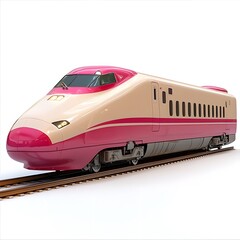 Fototapeta premium Pink and Beige High Speed Train on Tracks Against White Background