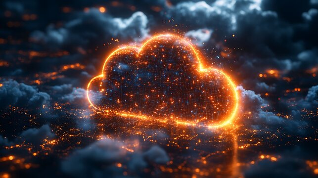 Cloud computing with glowing connections representing data transfer and storage image