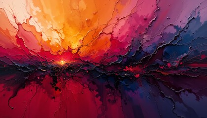 Vibrant Sunset Landscape Impasto Painting Red Orange Hues