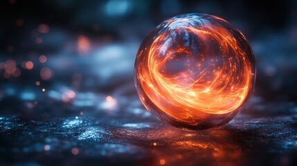 Fire swirling in glass sphere on icy ground, dark background, sparks