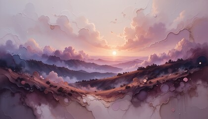 Sunset Mountain Landscape Soft Hues Abstract Style