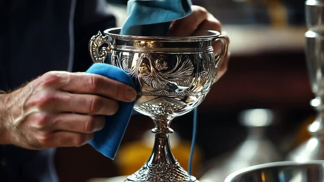 Careful polishing of ornate silver goblet to restore its luster and shine