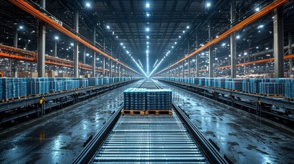 Obraz premium Vast warehouse interior with pallets and lighting effects