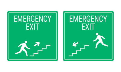 Emergency exit signs with staircase directions. Vector illustration isolated on a white background. EPS10