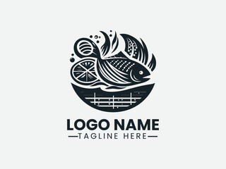 Whole Roasted Salmon Logo Design, Grilled Salmon Logo, Roasted Fish Logo