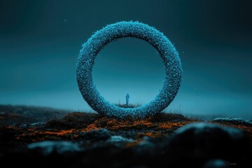Mystical, ethereal ring in a foggy landscape.  A solitary figure stands within the circle