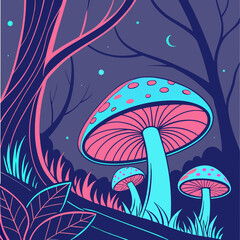 Neon Mushroom Forest with Cosmic Vibes Psychedelic Fantasy Art Vector Design