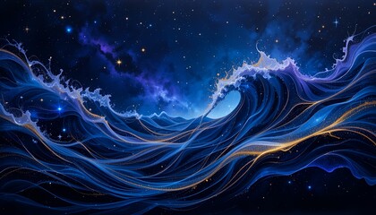 Cosmic Ocean Wave Abstract Art Blue Gold Hues Night Sky