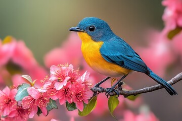 Obraz premium Colorful bird on pink blossoms; spring in nature; soft focus