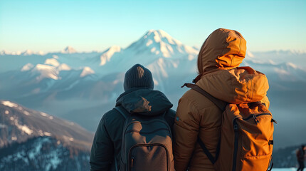 Fototapeta premium Man and woman in winter jackets with backpacks admire romantic beautiful winter expanses and snow-capped mountains from the top of the mountains, winter mountain tourism concept,