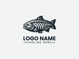 Monochrome fish silhouette with stylized fire and decorative elements. Seafood logo