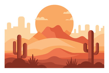 Desert Landscape with Cactus, Mountains, Sun, and Warm Sunset Colors