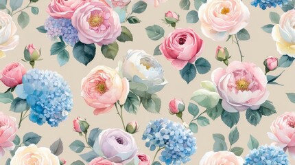 Beautiful Watercolor Floral Pattern Roses Hydrangeas Design