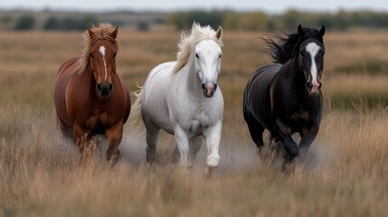Three horses galloping across a field