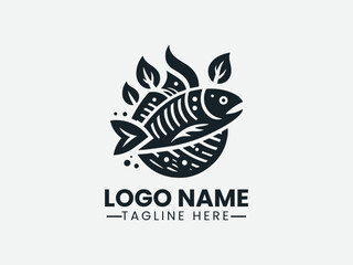 Monochrome fish silhouette with stylized fire and decorative elements. Seafood logo