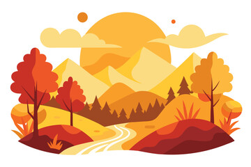 Flat Autumn Landscape With Mountains,Trees,Clouds And Sunlight