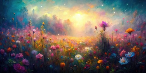 Low Light Abstract Floral Meadow Painting, Soft Hues, Night Bloom, Dark Floral Art, Dreamy Botanical Illustration