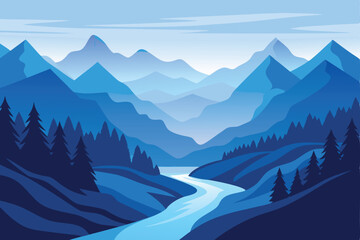 Flat Blue Mountain Landscape, River Flowing through Forest, Tranquil and Serene View