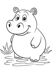 Fototapeta premium Smiling Hippo in Coloring Book Style: A friendly, outlined hippo with a joyful expression is depicted in a coloring book style, ideal for children's activities and creative projects. 
