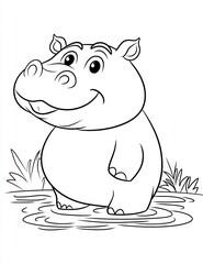 Fototapeta premium Smiling Hippo in the Water: A friendly, cartoon hippo stands confidently in shallow water, displaying a wide, cheerful grin in this delightful illustration. 