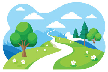 Flat Design Landscape with Winding Path, Trees, Hills, Sky, and Clouds