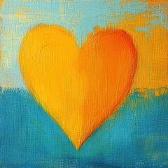 An abstract painting featuring a vibrant yellow heart shape