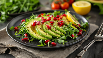 A bright and healthy salad with pieces of avocado, juicy tomatoes and pomegranate seeds, decorated with herbs and spices..