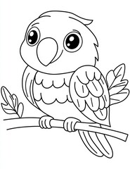 Fototapeta premium Cute Parrot on Branch: Adorable illustration of a cute parrot, perching peacefully on a tree branch, perfect for coloring or educational content.