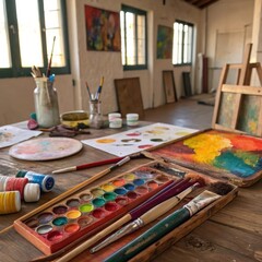 Naklejka premium Art studio with watercolor palette, brushes, and vibrant colors on wooden table