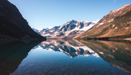 Fototapeta premium A majestic mountain range reflects perfectly on a calm lake water