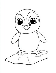 Obraz premium Cute Penguin on Ice Floe: An adorable cartoon penguin chick stands happily on a small ice floe, ready for coloring.